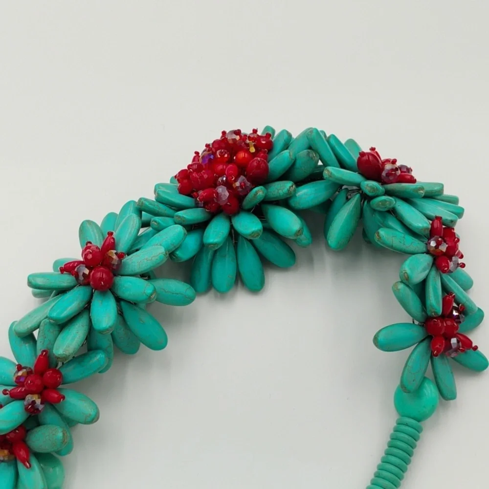 Simulated Turquoise Flowers With Red Beads - Picture 4 of 4